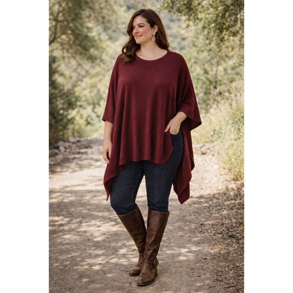 Chicos Knit Poncho Top Bordeaux Burgundy Arm Openings Layering Cotton‎ NWT L XL
